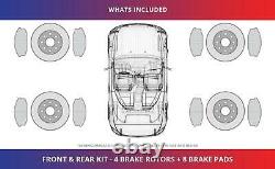 (Front+Rear Kit)4 Black Zinc Coated Drilled Brake Rotors & 8 Semi-Met Brake Pad